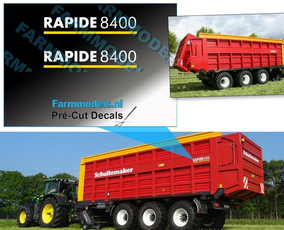 2x SCHUITEMAKER RAPIDE 8400 stickers op Transparant 5,6 mm hoog Pr&eacute;-Cut Decals 1:32 Farmmodels.nl 