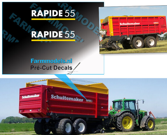 2x SCHUITEMAKER RAPIDE 55 stickers op Transparant 5,6 mm hoog Pr&eacute;-Cut Decals 1:32 Farmmodels.nl