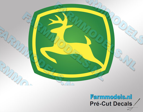 1x John Deere LOGO GEEL/ GROEN - 40x44 mm hoog stickers met OMHOOG springend &quot;Hertje&quot; NEW Pr&eacute;-Cut Decals 1:32 Farmmodels.nl 