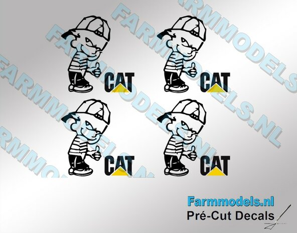 4x Ok&eacute; Calvin 20mm hoog V1 ZWART + CAT LOGO in ZWART/GEEL stickers op Transparant Pr&eacute;-Cut Decals 1:32 Farmmodels.nl 
