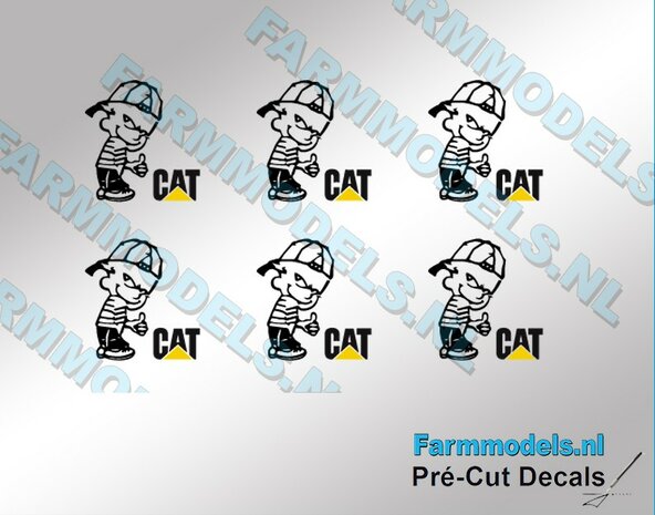 6x Ok&eacute; Calvin 10mm hoog V1 ZWART + CAT LOGO in ZWART/GEEL stickers op Transparant Pr&eacute;-Cut Decals 1:32 Farmmodels.nl 