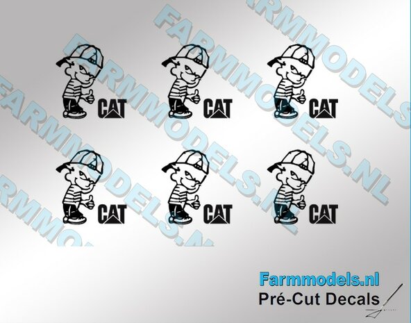 6x Ok&eacute; Calvin 10mm hoog V1 ZWART + CAT LOGO in ZWART stickers op Transparant Pr&eacute;-Cut Decals 1:32 Farmmodels.nl 