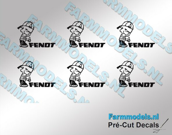 6x Ok&eacute; Calvin 10mm hoog V1 ZWART + FENDT LOGO in ZWART stickers op Transparant Pr&eacute;-Cut Decals 1:32 Farmmodels.nl 