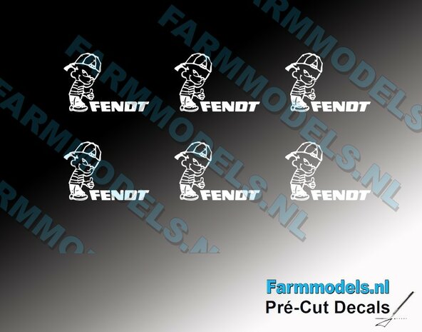6x Ok&eacute; Calvin10mm hoog V1 WIT+ FENDT LOGO in WIT stickers op Transparant Pr&eacute;-Cut Decals 1:32 Farmmodels.nl 