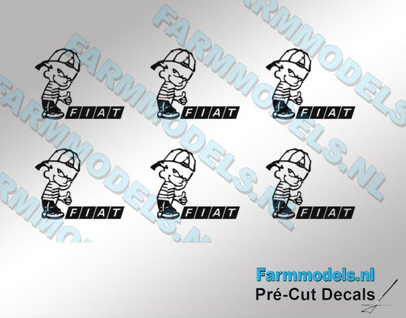 4x Ok&eacute; Calvin 10mm hoog V1 ZWART + FIAT LOGO in ZWART stickers op Transparant Pr&eacute;-Cut Decals 1:32 Farmmodels.nl 