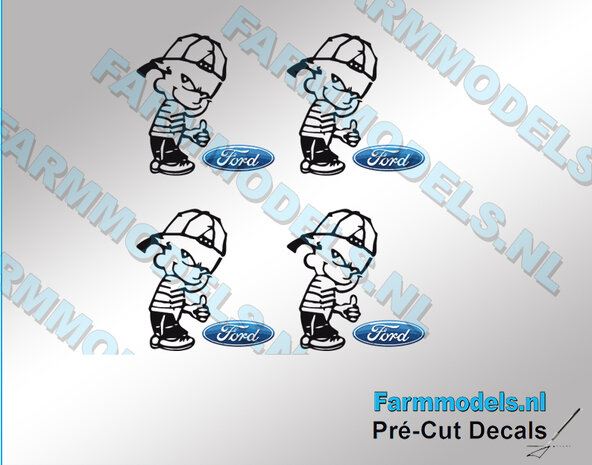 4x Ok&eacute; Calvin 20mm hoog V1 ZWART + FORD LOGO in KLEUR stickers op Transparant Pr&eacute;-Cut Decals 1:32 Farmmodels.nl 