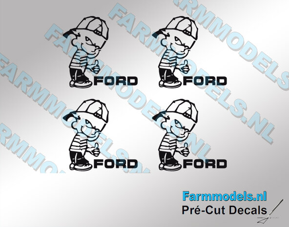 4x Ok&eacute; Calvin 20mm hoog V1 ZWART + FORD tekst in ZWART stickers op Transparant Pr&eacute;-Cut Decals 1:32 Farmmodels.nl 