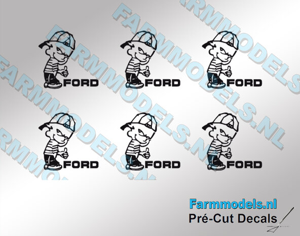 6x Ok&eacute; Calvin 10mm hoog V1 ZWART + FORD tekst in ZWART stickers op Transparant Pr&eacute;-Cut Decals 1:32 Farmmodels.nl 