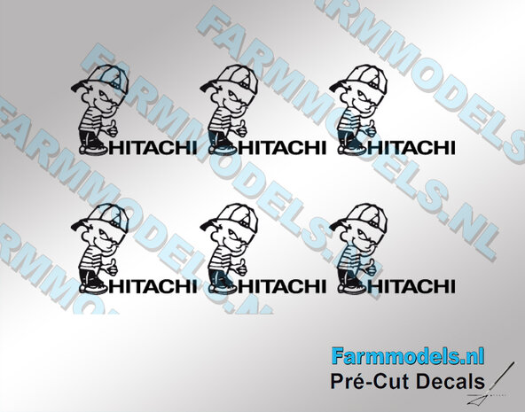 6x Ok&eacute; Calvin 10mm hoog V1 ZWART + HITACHI logo in ZWART stickers op Transparant Pr&eacute;-Cut Decals 1:32 Farmmodels.nl 