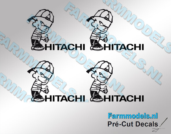 4x Ok&eacute; Calvin 15mm hoog V1 ZWART + HITACHI logo in ZWART stickers op Transparant Pr&eacute;-Cut Decals 1:32 Farmmodels.nl 