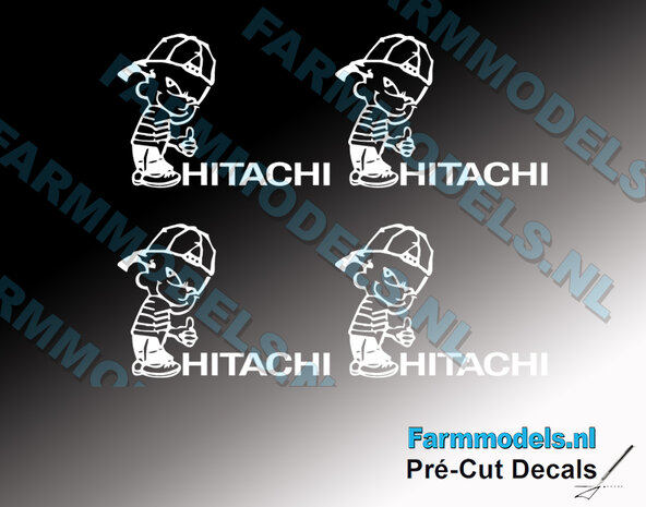 4x Ok&eacute; Calvin 20mm hoog V1 WIT + HITACHI logo in WIT stickers op Transparant Pr&eacute;-Cut Decals 1:32 Farmmodels.nl 