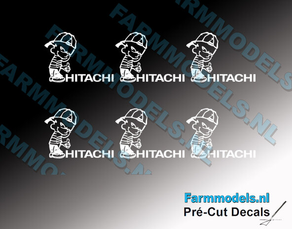 6x Ok&eacute; Calvin 10mm hoog V1 WIT + HITACHI logo in WIT stickers op Transparant Pr&eacute;-Cut Decals 1:32 Farmmodels.nl 