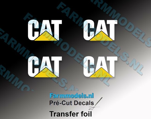 4x CATERPILLAR logo sticker WIT met GEEL 15x9.3 mm gesneden uit WITTE folie Pr&eacute;-Cut Decals 1:32 Farmmodels.nl