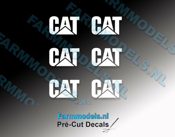 6x CATERPILLAR logo sticker WIT10x6 mm op TRANSPARANTE folie Pr&eacute;-Cut Decals 1:32 Farmmodels.nl