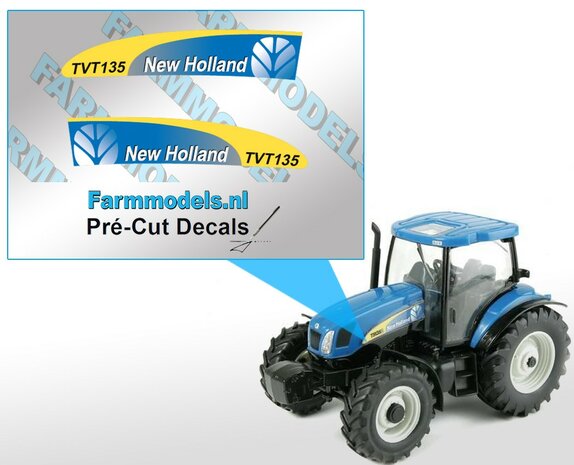 New Holland TVT 135 type stickers voor TVT 135 Britains / Ertl TS 135A motorkap Pr&eacute;-Cut Decals 1:32 Farmmodels.nl 