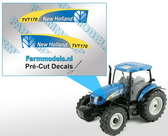 New Holland TVT 170 type stickers voor TVT 170 Britains / Ertl TS 135A motorkap Pr&eacute;-Cut Decals 1:32 Farmmodels.nl 