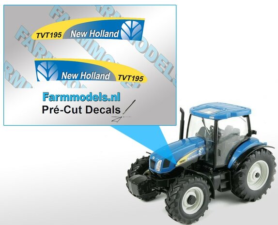 New Holland TVT 195 type stickers voor TVT 195 Britains / Ertl TS 135A motorkap Pr&eacute;-Cut Decals 1:32 Farmmodels.nl 