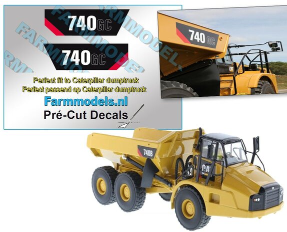 Caterpillar Dumptruck 740GC TYPE set  ZWART/KLEUR stickers op WITTE folie Pr&eacute;-Cut Decals 1:32 Farmmodels.nl