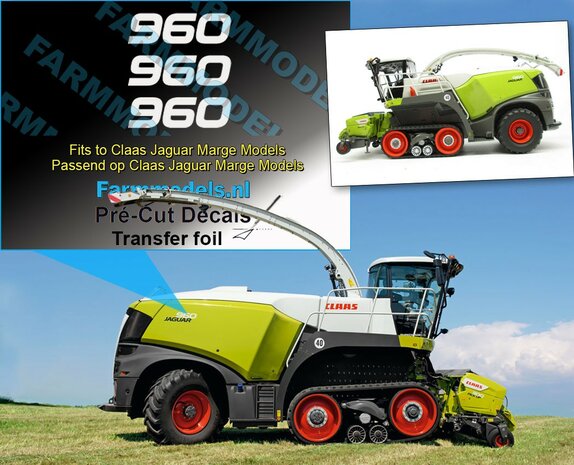 Claas Jaguar 960 type nummer (nieuw model) stickers uit Grijze folie 12.5 mm breed Pr&eacute;-Cut Decals 1:32 Farmmodels.nl