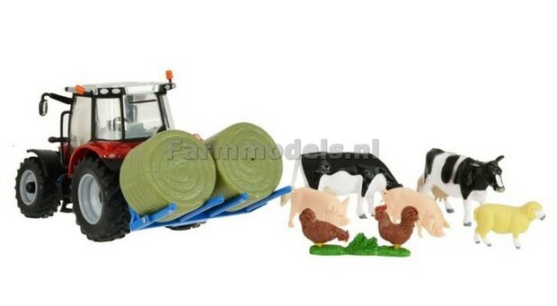 Massey Ferguson 5612 Tractor speelset met balenlift en dieren 1:32 Britains BR43205