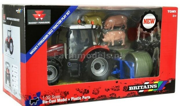 Massey Ferguson 5612 Tractor speelset met balenlift en dieren 1:32 Britains BR43205