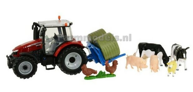 Massey Ferguson 5612 Tractor speelset met balenlift en dieren 1:32 Britains BR43205