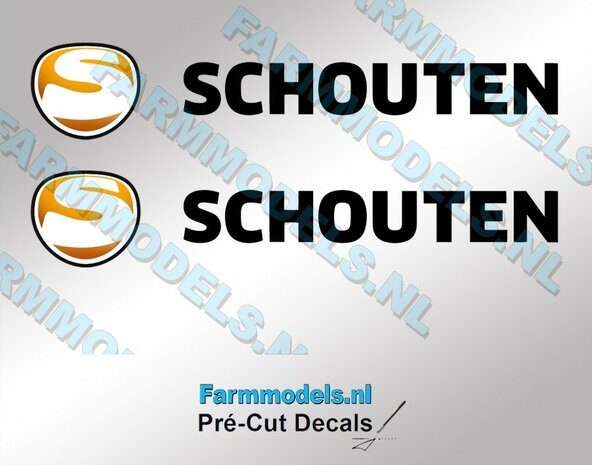 SCHOUTEN logo stickers op TRANSPARANTE folie Pr&eacute;-Cut Decals 16 mm hoog  1:32 Farmmodels.nl 