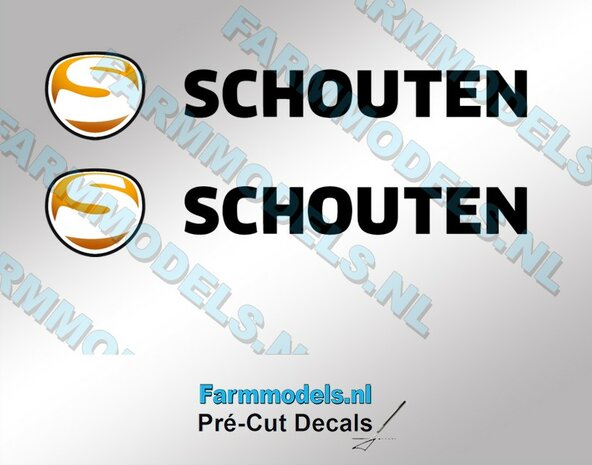 SCHOUTEN logo stickers op TRANSPARANTE folie Pr&eacute;-Cut Decals 10 mm hoog  1:32 Farmmodels.nl 