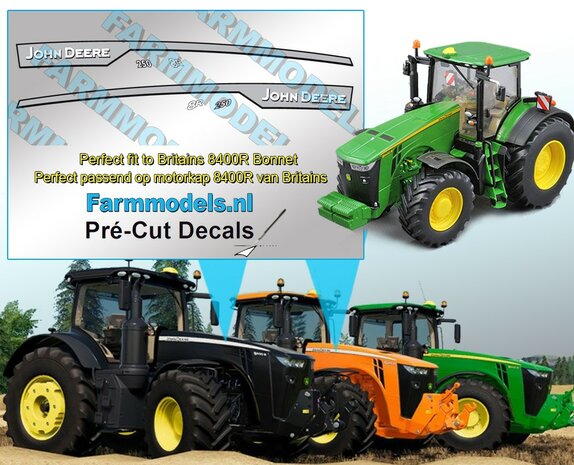 JOHN DEERE 8R 250 BLACK EDITION type stickers, Geschikt voor BRITAINS 8400R serie, &nbsp;Pr&eacute;-Cut Decals 1:32 Farmmodels.nl&nbsp;