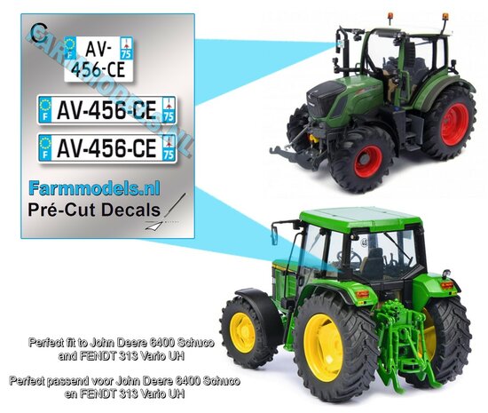 AV-456-CE  3x FRANS Kentekenplaatsticker Dpt 75 tbv o.a. FE 930 Vario Weis en JD 6210R Wicking. Pr&eacute;-Cut Decals 1:32 Farmmodels.nl