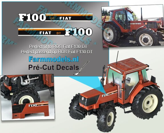 FIAT F100 DT type stickers, Geschikt voor ROS Fiat  F130 DT Series,  4 x 34,5 mm  Pr&eacute;-Cut Decals 1:32 Farmmodels.nl 