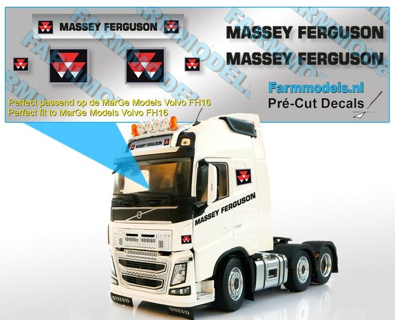 Massey Ferguson EDITION stickers, t.b.v. cabine zijkanten en dakrand Volvo FH16, op Transparante folie, perfect voor o.a. MarGe Models Volvo FH16 serie modellen Pr&eacute;-Cut Decals 1:32 Farmmodels.nl 