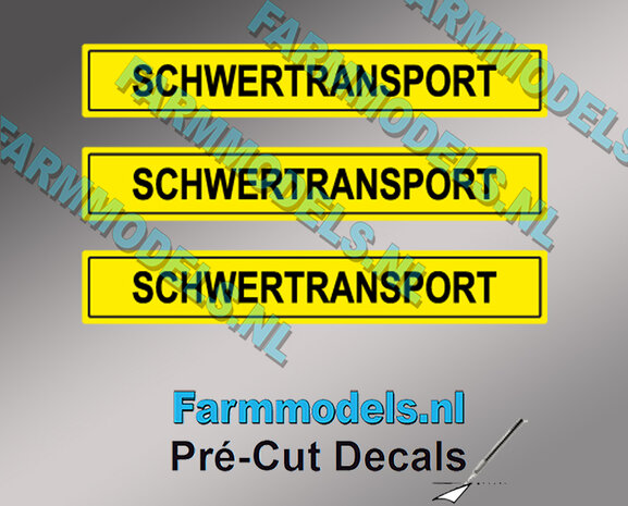 3x SCHWERTRANSPORT sticker 5 x 31,8 mm Pr&eacute;-Cut Decals op GELE folie 1:32 Farmmodels.nl