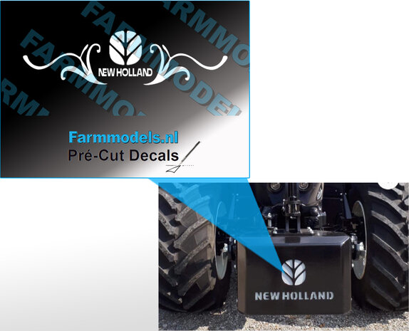 New HOLLAND Front gewicht &#039;Tribal&#039; stickers, Wit. Geschikt voor meeste gewichten.  12x40 mm  Pr&eacute;-Cut Decal op transparant 1:32 Farmmodels.nl 