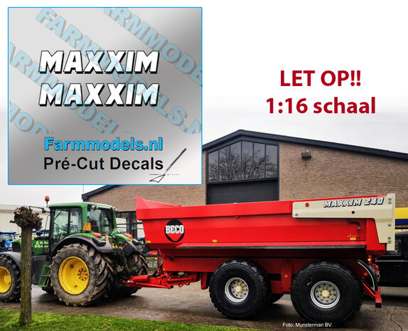 2x MAXXIM Witte letters met zwarte schaduw, 8,8 x 45,7mm,  Pr&eacute;-Cut Decals 1:16 Farmmodels.nl 