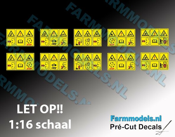 1x- assorti Gevarenstickers, op gele folie-Pr&eacute;-Cut-Decals-1:16-Farmmodels.nl