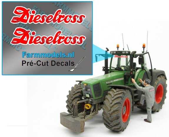 2x Dieselross sticker ROOD met WITTE rand op Transparant 32,5 mm breed Pr&eacute;-Cut Decals 1:32 Farmmodels.nl 