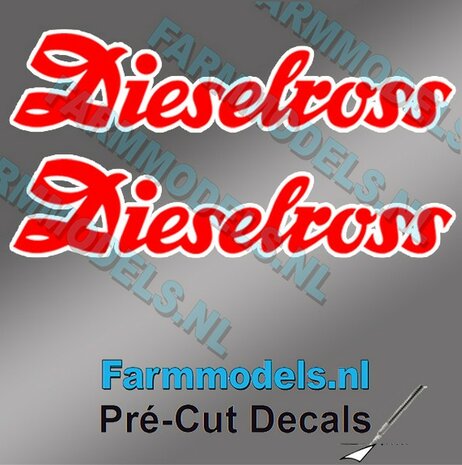 2x Dieselross sticker ROOD met WITTE rand op Transparant 32,5 mm breed Pr&eacute;-Cut Decals 1:32 Farmmodels.nl 