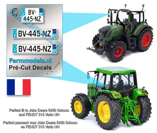 BV445NZ   3x FRANS Kentekenplaatsticker, 01 Rhone-Alpes, tbv o.a. FE 930 Vario Weis en JD 6210R Wicking. Pr&eacute;-Cut Decals 1:32 Farmmodels.nl