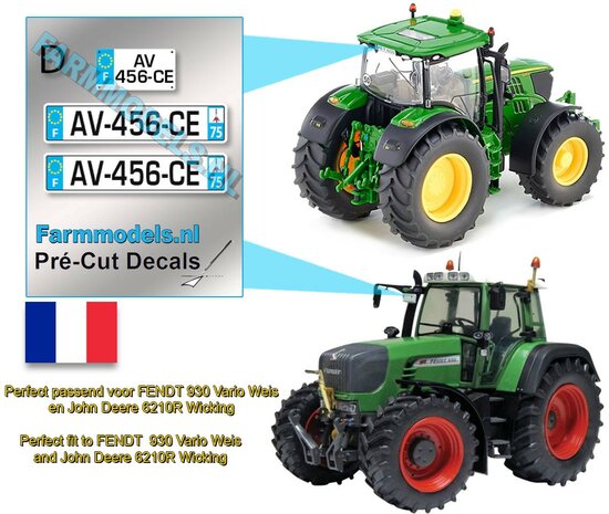 PCD-FR75-D-AV456CE  3x FRANS Kentekenplaatsticker tbv o.a. FE 930 Vario Weis en JD 6210R Wicking. Pr&eacute;-Cut Decals 1:32 Farmmodels.nl