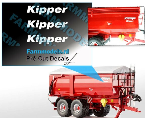 Krampe KIPPER logo 3x op Transparant Pr&eacute;-Cut Decals 20mm breed 1:32 Farmmodels.nl 