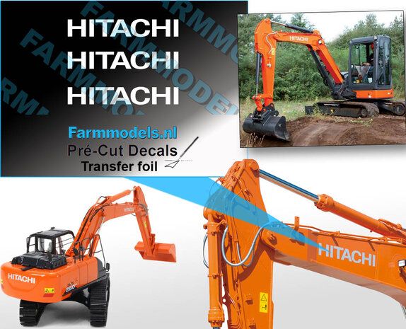HITACHI logo, 3x uit witte folie, Pr&eacute;-Cut decals met transferfolie,  31x5 mm, 1:32 Farmmodels.nl 