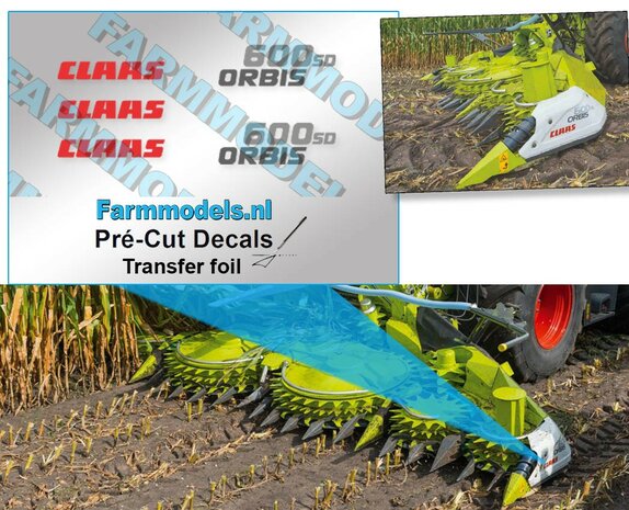 2x CLAAS ORBIS 600 SR + 3x Claas logo stickers op transparantr folie Pr&eacute;-Cut Decals 1:32 Farmmodels.nl    