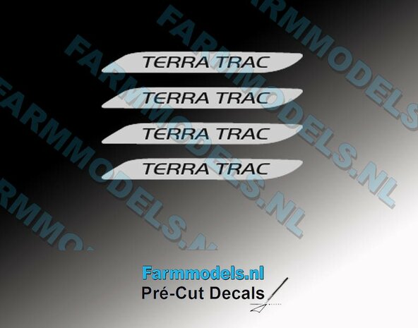 4x Claas TERRA TRAC nieuw model sticker , grijs/zwart op transparante folie 2x19 mm Pr&eacute;-Cut Decals 1:32 Farmmodels.nl