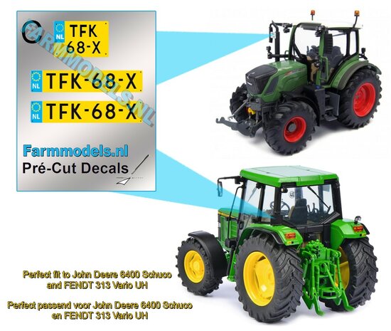 TFK-68-X  3x NL Kentekenplaatsticker voor o.a.  John Deere 6400 Schuco en FENDT 313 Vario UH  Pr&eacute;-Cut Decals 1:32 Farmmodels.nl