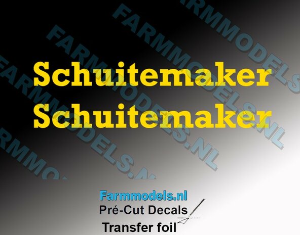 2x SCHUITEMAKER stickers GELE LETTERS uit GELE folie 10,2 x 101,8 mm Pr&eacute;-Cut Decals  met applicatie folie  1:32 Farmmodels.nl 