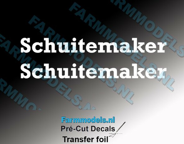 2x SCHUITEMAKER stickers Witte LETTERS uit WITTE folie 10,2 x 101,8 mm Pr&eacute;-Cut Decals  met applicatie folie  1:32 Farmmodels.nl 