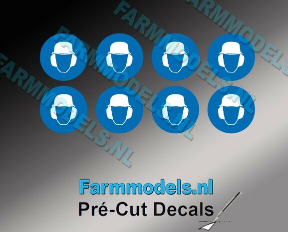 8x Veiligheidshelm- &amp; Gehoorbescherming verplicht ​afbeelding &Oslash; 9,9mm Pr&eacute;-Cut Decals 1:32 Farmmodels.nl