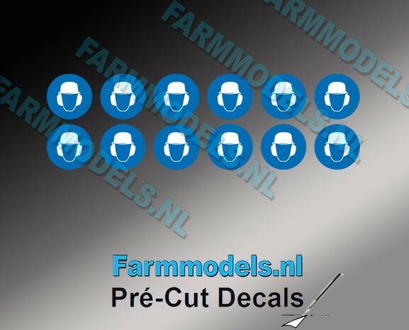 12x Veiligheidshelm- &amp; Gehoorbescherming verplicht ​afbeelding &Oslash; 3,2mm Pr&eacute;-Cut Decals 1:32 Farmmodels.nl