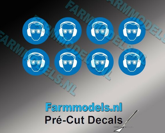 8x Oogbescherming- &amp; Gehoorbescherming verplicht afbeelding &Oslash; 9,9mm Pr&eacute;-Cut Decals 1:32 Farmmodels.nl